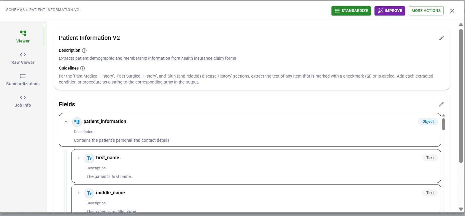 DocuPipe schema management with visual field preview accessible to non-technical ops teams