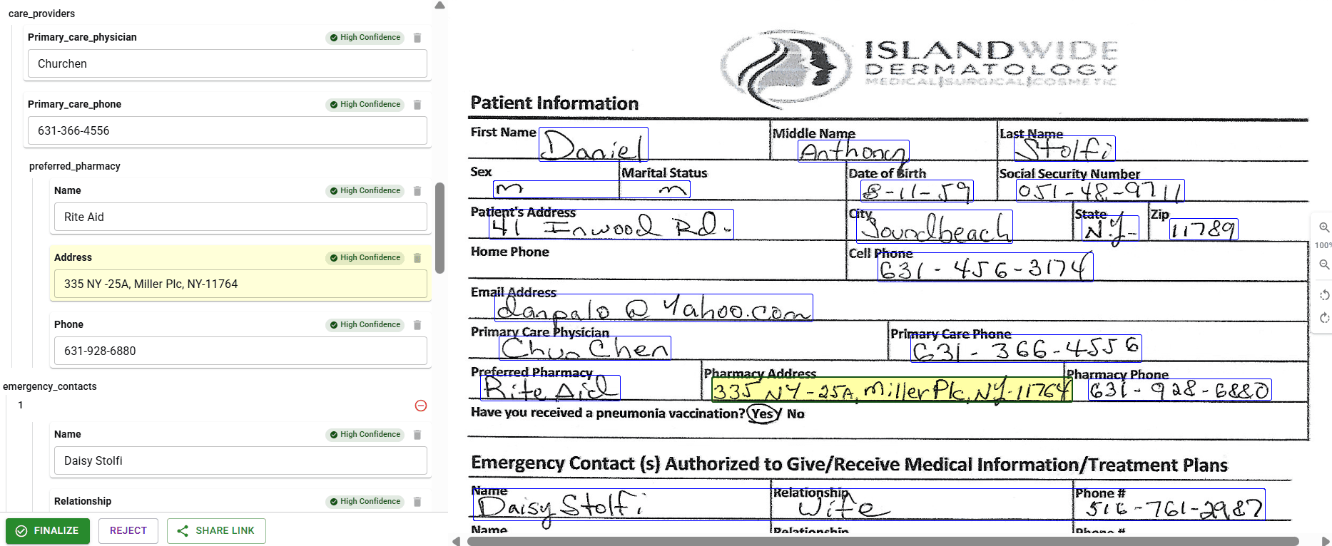 DocuPipe Visual Review for healthcare claims with source highlighting versus Sensible's text view